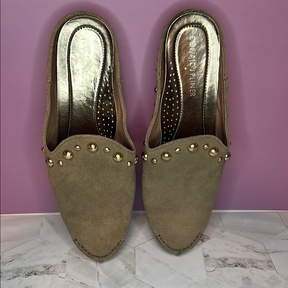 Donald J. Pliner Tan Gold Mules with Studded Detail